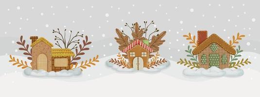 acquerello Pan di zenzero case composizione con montagna Visualizza mentre nevicando Natale bandiera modello 03 vettore