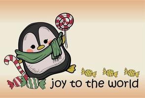 gioia per il mondo testo con un' pinguino saluto carta composizione modello per celebrazione illustrazione 02 vettore