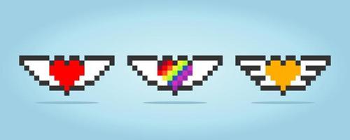 Amore a 8 bit. icona del cuore con l'ala nell'illustrazione vettoriale per l'icona del gioco.