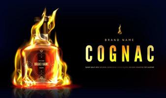 Cognac bottiglia nel fuoco pubblicità promo bandiera vettore