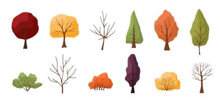 impostato di colorato autunno alberi e cespugli. isolato su bianca sfondo. semplice design. vettore illustrazione nel piatto stile.