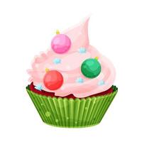 luminosa nuovo anni cupcake, Natale palle e fiocchi di neve, festivo Cupcake vettore