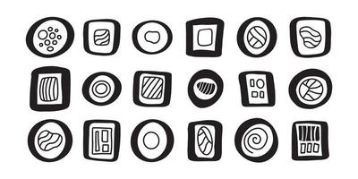 impostato di mano disegnato astratto geometrico Sushi scarabocchio icone. stilizzato diverso rotoli. asiatico cibo nero e bianca schema contorno linea disegno clip arte collezione. vettore
