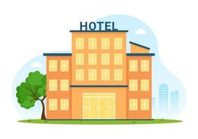 grattacielo Hotel edificio piatto cartone animato mano disegnato illustrazione modello con Visualizza su città spazio di strada panorama design vettore