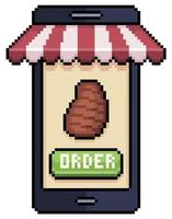 pixel arte mobile Telefono ordinazione carne nel cibo App vettore icona per 8 bit gioco su bianca sfondo