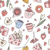 San Valentino giorno cartone animato senza soluzione di continuità modello vettore illustrazione. rosa mano disegnato elementi su bianca sfondo. dolci, fiori, tazze, caffè.