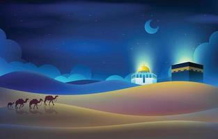 notte di Isra Miraj con kaabah e moschea vettore