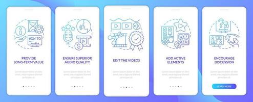 elearning video suggerimenti blu pendenza onboarding mobile App schermo. Procedura dettagliata 5 passaggi grafico Istruzioni con lineare concetti. ui, ux, gui modello. vettore