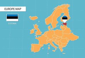 Estonia carta geografica nel Europa, icone mostrando Estonia Posizione e bandiere. vettore