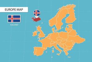 Islanda carta geografica nel Europa, icone mostrando Islanda Posizione e bandiere. vettore