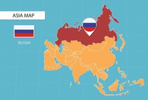 Russia carta geografica nel Asia, icone mostrando Russia Posizione e bandiere. vettore
