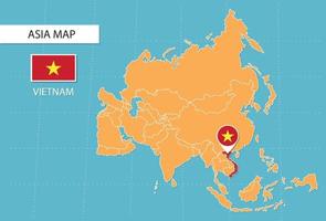 Vietnam carta geografica nel Asia, icone mostrando Vietnam Posizione e bandiere. vettore