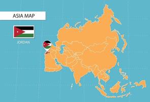 Giordania carta geografica nel Asia, icone mostrando Giordania Posizione e bandiere. vettore
