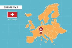 Svizzera carta geografica nel Europa, icone mostrando Svizzera Posizione e bandiere. vettore