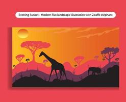 sera tramonto - moderno piatto paesaggio illustrazione con giraffa elefante vettore