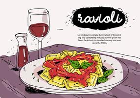 Ravioli italiani dell'alimento sull'illustrazione disegnata a mano di vettore del piatto