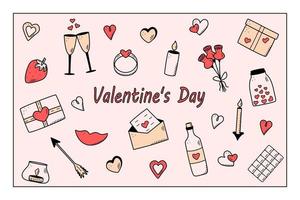 un set di icone doodle per San Valentino o matrimonio. illustrazione vettoriale di accessori romantici candele cuori anello bottiglia e bicchieri di vino, labbra regalo cioccolato fragola