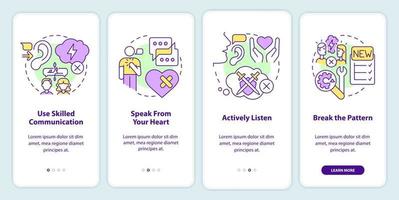 fissaggio relazione dopo grande combattimento onboarding mobile App schermo. Procedura dettagliata 4 passaggi modificabile grafico Istruzioni con lineare concetti. ui, ux, gui modello. vettore