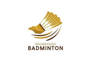 badminton logo design con un' piuma volano combinato con un Aquile testa vettore