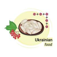uno di il maggior parte popolare piatti di nazionale ucraino cucina, vareniki nel un' argilla piatto, bollito Impasto con ripieno, piatto vettore, isolato su bianca, iscrizione ucraino cibo, etichetta vettore