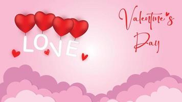 vettore amore cartolina per San Valentino giorno con con il iscrizione amore, sospeso su il cuore, carta nuvole e rosa sfondo