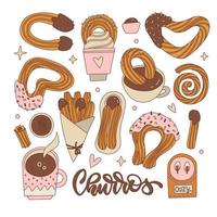 impostato di diverso forme churros con cioccolato salsa. messicano merenda. mano disegnato Vintage ▾ contorno vettore illustrazione. churros bastoni nel carta Borsa, ciotola con caldo cioccolato.