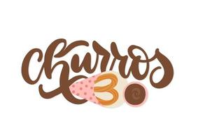 churros - lettering concetto con churros bastoni nel carta Borsa. vettore mano disegnato piatto tipografia illustrazione. cuore forma dolce per san valentino giorno carta.