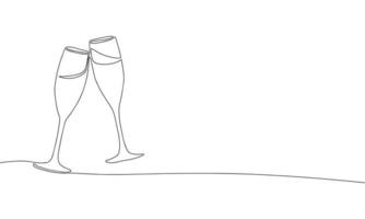mano disegnare linea arte Due bicchiere di Champagne, uno continua linea vettore illustrazione.