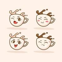 carino adorabile cartone animato contento caffè tazza illustrazione per etichetta icona portafortuna e logo emoticon vettore