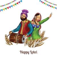 contento lohri con giovane coppia fare bhangra danza e dhol strumento su sfondo vettore