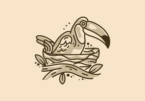 Vintage ▾ arte illustrazione di un' tucano nel il nido vettore