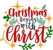 Natale inizia con Cristo. accoppiamento famiglia Natale camicie. Natale regalo. famiglia Natale. etichetta. carta. vettore