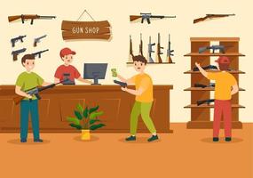 pistola negozio o a caccia con fucile, proiettile, arma e caccia attrezzatura nel piatto stile cartone animato mano disegnato modelli illustrazione vettore