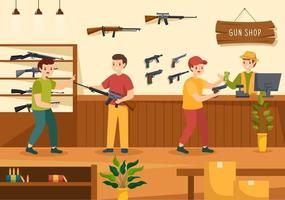 pistola negozio o a caccia con fucile, proiettile, arma e caccia attrezzatura nel piatto stile cartone animato mano disegnato modelli illustrazione vettore