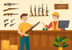 pistola negozio o a caccia con fucile, proiettile, arma e caccia attrezzatura nel piatto stile cartone animato mano disegnato modelli illustrazione vettore