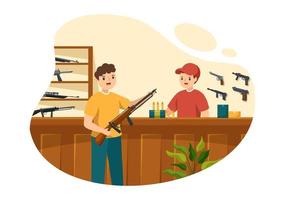 pistola negozio o a caccia con fucile, proiettile, arma e caccia attrezzatura nel piatto stile cartone animato mano disegnato modelli illustrazione vettore