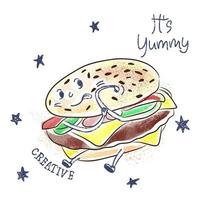 delizioso cibo, cartone animato Hamburger, divertente cibo illustrazione, acquerello vettore