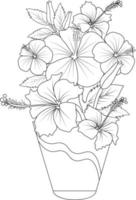 ibisco fiori vettore schizzo, un' vaso di foglia mini cuffie disegnato a mano semplicità, abbellimento, Cina rosa fiori, isolato su bianca sfondo inchiostro illustrazione design colore libro.