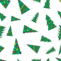 Natale senza soluzione di continuità modello con verde Natale alberi con colorato giocattoli, palle e ghirlande. vettore illustrazione
