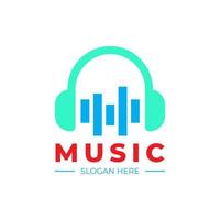 musica e suono logo design con cuffie e musica onde, Podcast logo vettore