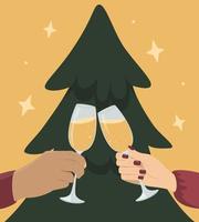 nuovo anno e Natale, mani con un' bicchiere su il sfondo di il Natale albero. avvicinamento di un' gruppo di persone tintinnante bicchieri di vino o Champagne vettore