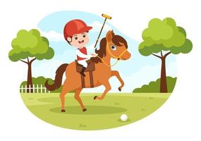 polo cavallo gli sport con bambini giocatore equitazione cavallo e Tenere bastone uso attrezzatura impostato nel piatto cartone animato manifesto mano disegnato modello illustrazione vettore