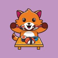 carino rosso panda mangiare Sushi con bastoncini cartone animato icona illustrazione vettore
