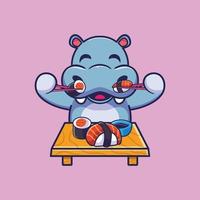 carino ippopotamo mangiare Sushi con bastoncini cartone animato icona illustrazione vettore