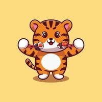 carino tigre mangiare Sushi con bastoncini cartone animato icona illustrazione vettore