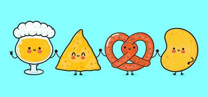 carino, divertente bicchiere di birra, nachos, patatine, pretzel. personaggi kawaii del fumetto disegnato a mano di vettore, icona dell'illustrazione. divertente cartone animato bicchiere di birra, nachos pretzel patatine mascotte amici concetto vettore