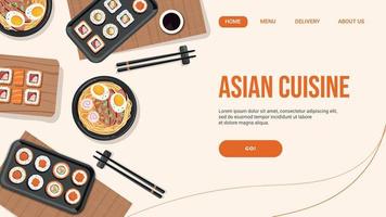 atterraggio pagina con asiatico cucina, rotoli, Sushi, ramen. giapponese in linea ristorante concetto per consegna. vettore