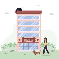 hotel per animali domestici. servizi ospedalieri veterinari e alberghi per animali domestici. centro di toelettatura e controllo sanitario. clinica veterinaria, metafore di pet sitter robotici. illustrazioni vettoriali in stile piatto.