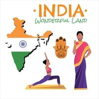 colorato viaggio manifesto con carta geografica e altro simboli di meraviglioso terra India cartone animato vettore illustrazione