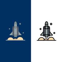 launcher razzo navicella spaziale trasporto Stati Uniti d'America icone piatto e linea pieno icona impostato vettore blu sfondo